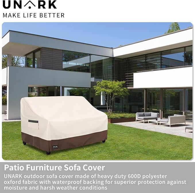 Outdoor 2-Seater Loveseat Cover, Waterproof Heavy Duty Patio Furniture Covers, 58W x 33D x 32H Inches Outdoor Couch Cover, Sofa Covers for Patio Furniture Waterproof, Beige and Brown