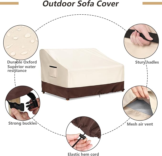 2-Seater Patio Sofa Cover, 600D Heavy Duty Waterproof Outdoor Sofa Covers, 58 W x 32.5 D x 31 H Inches Outdoor Couch Cover, Patio Furniture Covers, Lvory&Brown