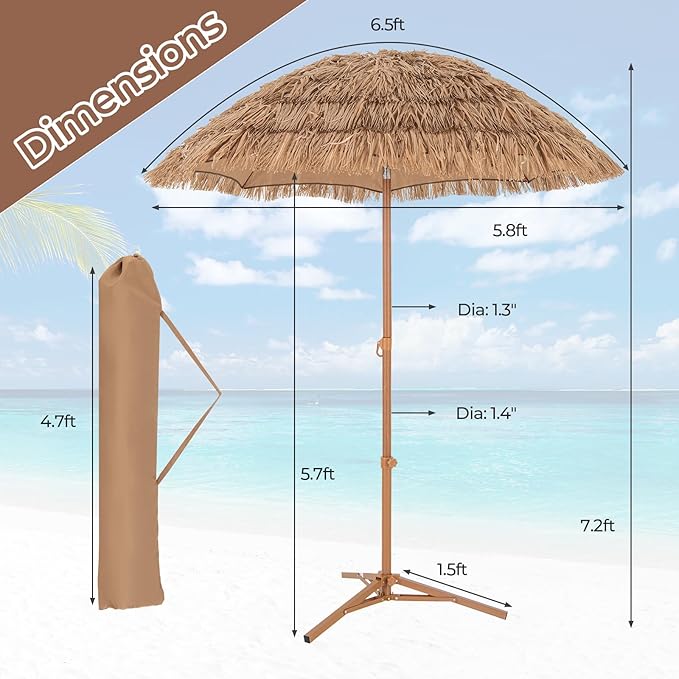 HAPPYGRILL 6.5 FT Hula Thatched Tiki Beach Umbrella, 30° Tilting Hawaiian Style Tropical Holiday Umbrella with 8 Metal Ribs, Carry Bag & Foldable Base for Patio, Garden & Pool