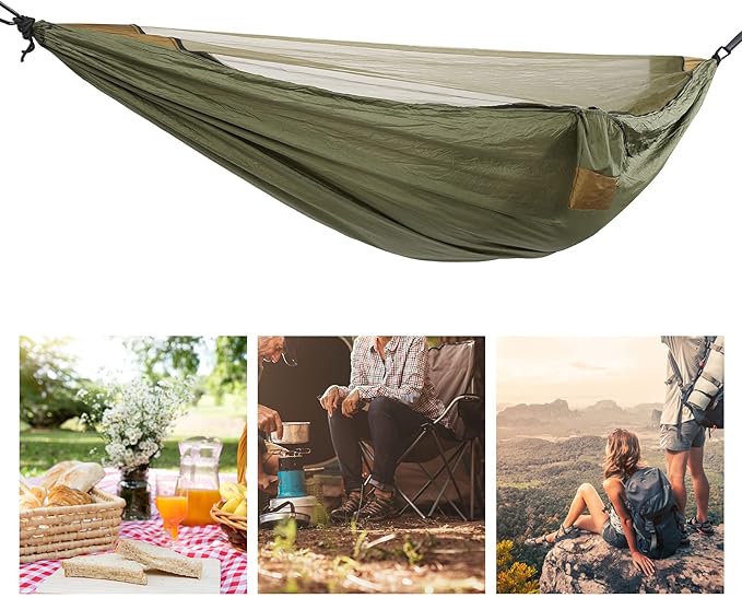 Single Hammock with Mosquito Netting, Nylon Camping Hammock, Anti Mosquito, Portable, Packable, Outdoor Sleeping Swing 280x140cm (Military Green + Camel Color)