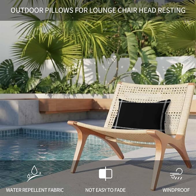 Black Chaise Lounge Head Pillow, 2 Pack Outdoor Recliner Pillow with Insert&Adjustable Elastic Strap, Solid Color Waterproof Throw Pillows for Patio Beach Chair
