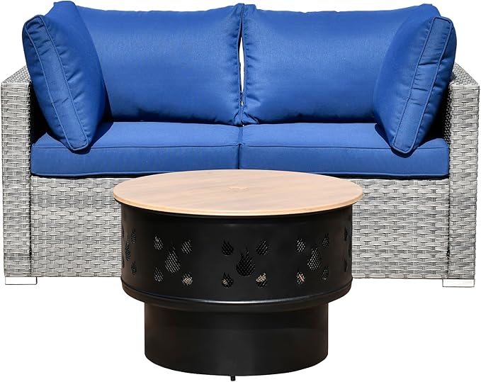 HOOOWOOO 3-Piece Outdoor Wicker Patio Furniture Set, Modular Sectional Sofa with Cushions and Fire Pit Table, All-Weather Rattan Garden Seating for Patio, Porch, or Balcony (Navy Blue)