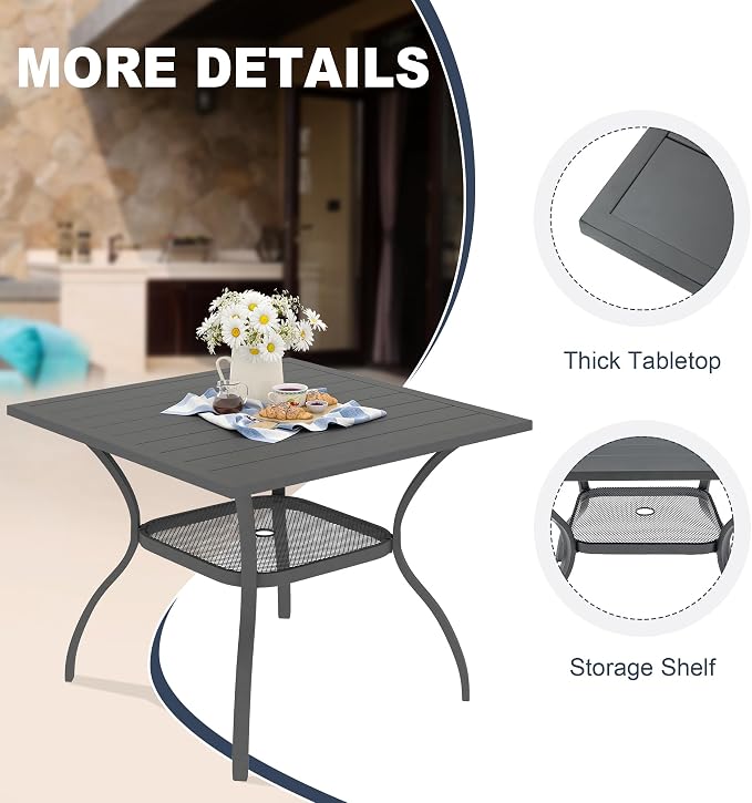 VICLLAX Patio 5 Pieces Outdoor Dining Set for 4, Wrought Iron Metal Outdoor Table and Chairs Set, 38" Square Table with Umbrella Hole and 4 Stackable Chairs for Lawn, Garden, Porch, Dark Grey/Black