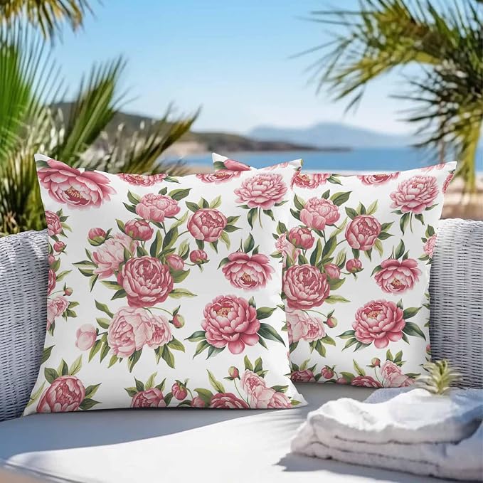 Vandarllin Outdoor Throw Pillows Covers 18x18 inch Set of 2 Waterproof Pink Rose Floral Decorative Zippered Cushion Covers for Patio Furniture, Leaves Flowers Lumbar Pillowcases