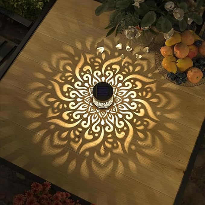 DDRIC Decorative Solar Mandala Lights, Metal Solar Powered Outdoor Wall Sconces, Waterproof Step Lights, Warm Yellow Glow, for Garden Fence Patio Deck Yard Decor (4PCS)
