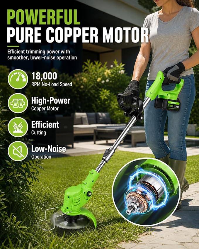 Cordless Weed Wacker with Wheels, 880W Electric Weed Eater with 2 x Batteries, 3-in-1 Battery Powered Grass Trimmer/Brush Cutter with 5 Types Saw Blades, Lightweight for Lawn & Garden