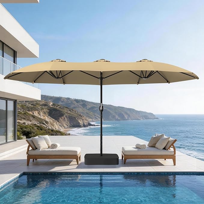 Suteck 15FT Patio Umbrella with Base Included, Double-Sided Rectangle Outdoor Large Umbrella with Crank Handle, UV & Fade Resistant Canopy for Poolside, Backyard, Deck and Market, Beige