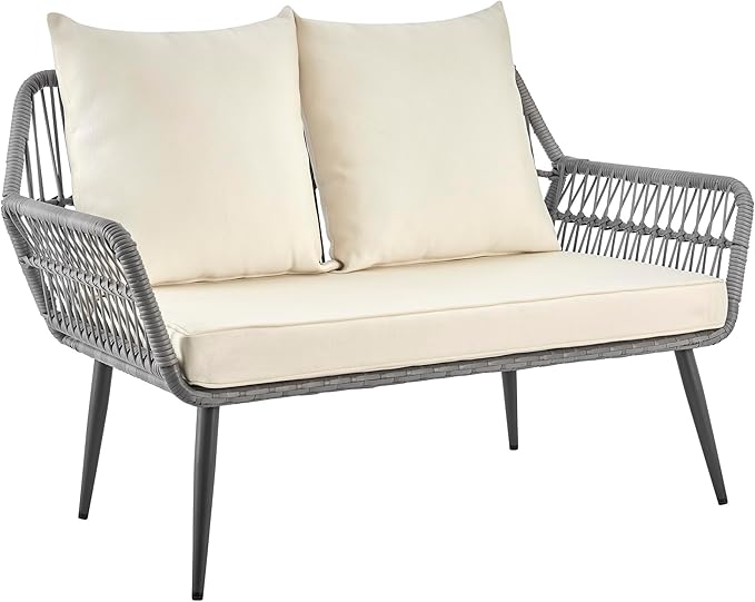 Manhattan Comfort Portofino 4-Piece Patio Conversation Set, Rope Wicker Design with Waterproof Cushions | Outdoor Furniture Includes 2 Armchairs, Loveseat & Coffee Table with Tempered Glass Top, Cream