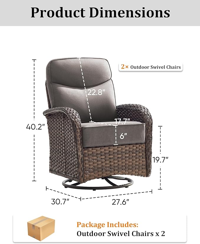 2-Piece Luxury Patio Conversation Set with 6-Inch Thick Cushions, High-Back Outdoor Swivel Rocking Chairs & Side Table, All-Weather Furniture Set for Porch, Deck, Balcony or Backyard – Grey