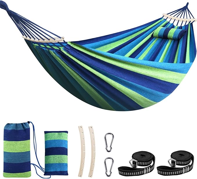 Chihee Cotton Hammock Holds Up to 660lbs Fabric Hammock 8.9x4.9ft Soft Portable Tree Hammocks Camping with Detachable Spreader Bar Pillow 2 Strong Webbings 2 Carabiners Indoor Outdoor Backyard Garden