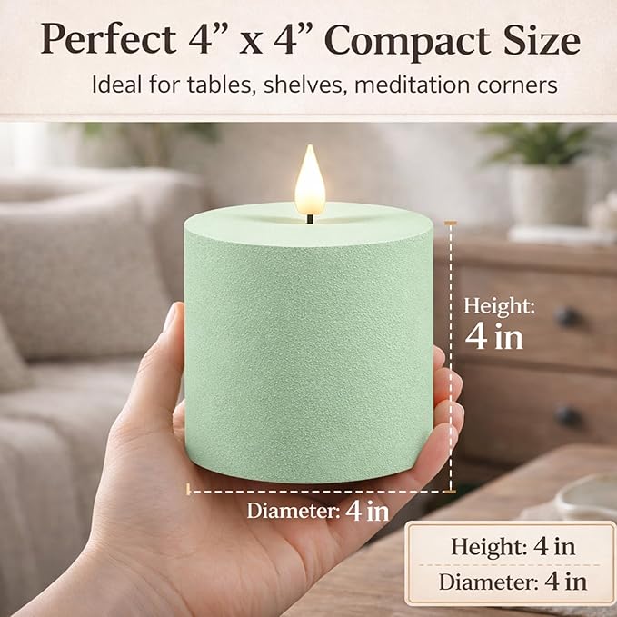 smtyle Sage Green 4x4 Inch LED Pillar Sculptural Textured Finish Frosted Plastic Realistic Flickering Flameless Battery Operated Fake Candles Set of 2 for Coffee Table, Yoga, Meditation, Spa