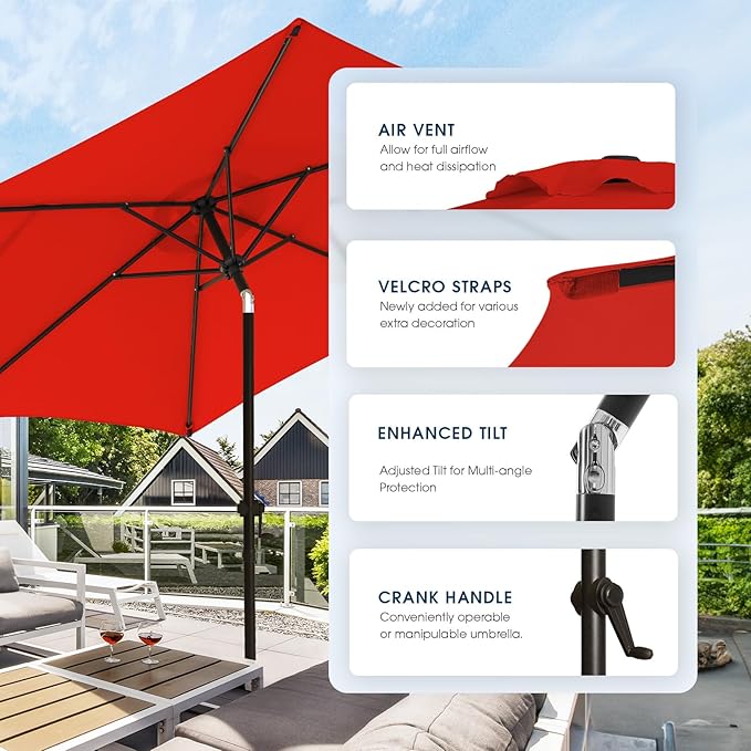 wikiwiki 7.5FT Patio Umbrella with Base, Outdoor Umbrellas with Base Included, 6 Sturdy Ribs, Waterproof Fade Resistant POLYESTER DTY Canopy for Deck, Lawn, Garden, Backyard & Pool, Red