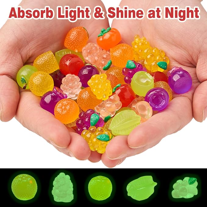 51PCS Mini Resin Fruits Glow in the Dark, Tiny Luminous Fruit Figurines Variety Pack to Hide, Miniature Food for Crafts, Fairy Garden Decor, Micro Landscape Accessories