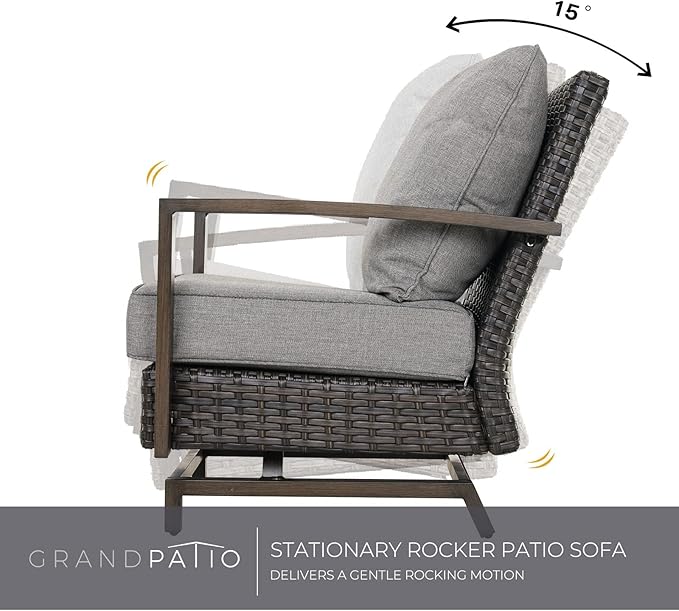 Grand patio Outdoor 3-Piece Aluminum Conversation Furniture Sofa Set Wicker Stationary Rockers with Wood Grain Finish and Coffee Table, Removable Olefin Cushion Dark Brown