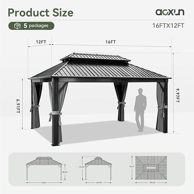 Aoxun 16' x 12' Hardtop Gazebo, Outdoor Pergola with Netting and Curtains, Galvanized Steel Double Roof Metal Gazebo for Garden,Deck,Patio