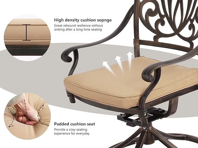 Grepatio 9 Piece Cast Aluminum Patio Furniture Set Outdoor Dining Set Bistro Furniture Set with 6 Chairs 2 Swivel and Dining Table with Umbrella Hole, 8 Cushions for Backyard Garden (Khaki)