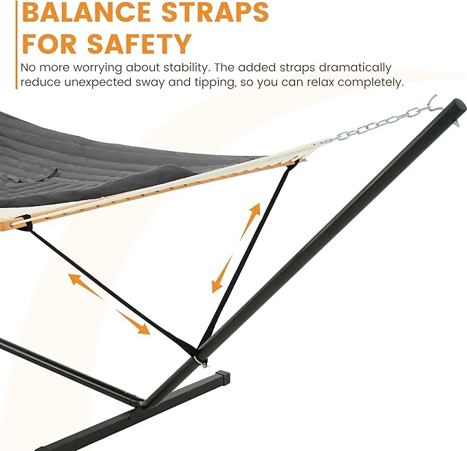 Lazy Daze Hammocks 2 Person Portable Hammock with 12FT Stand, Double Hand Woven Cotton Rope Hammock with Detachable Quilted Pad & Pillow for Outside, 450lb Capacity, Grey