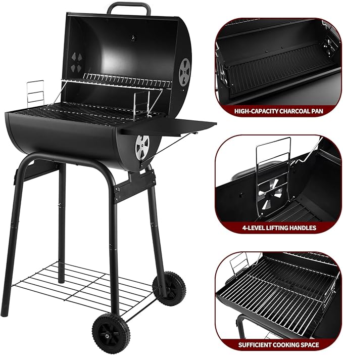 Charcoal Grill Outdoor BBQ Grill, Barrel Charcoal Grills with Side Table, with Nearly 500 Sq.In. Cooking Grid Area, Outdoor Backyard Camping Picnics, Patio and Parties, Black by DNKMOR