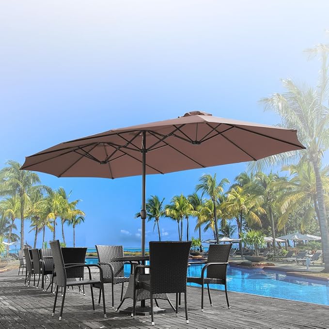AECOJOY 15x9ft Large Patio Umbrella, Double-Sided Outdoor Market Rectangle Table 177''x104'' Umbrella with Crank Air Vents for Deck Pool Patio(1.9" Pole, Brown)