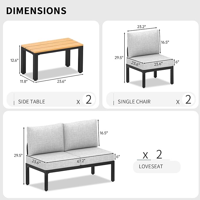 PIZZELLO 8 Pieces Outdoor Patio Furniture Sets, Outdoor Conversation Sets Sectional Sofa with 6" Thick Cushions and 2 Coffee Tables, Convertible Modular Patio Sofa for Backyard, Garden, Deck