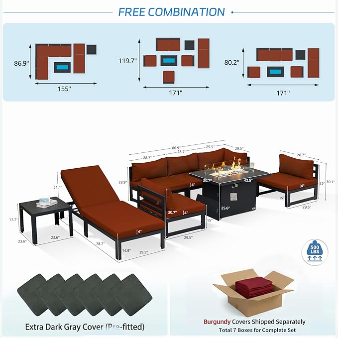 NICESOUL 8 Pcs XL Aluminum Patio Sectional Furniture Set with Chaise & Fire Pit Table, 500 lbs Heavy Duty Anti-Rust Outdoor Couch, 29" Deep Wide Seating, High End Conversation Sofa for Poolside, Red