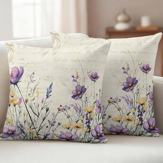 Spring Floral Outdoor Waterproof Throw Pillow Covers Set of 2, 20"x20", Purple Yellow Flower Leaves Retro Letter Texture Decorative Pillow Covers Outside Cushion Case for Patio Porch Garden