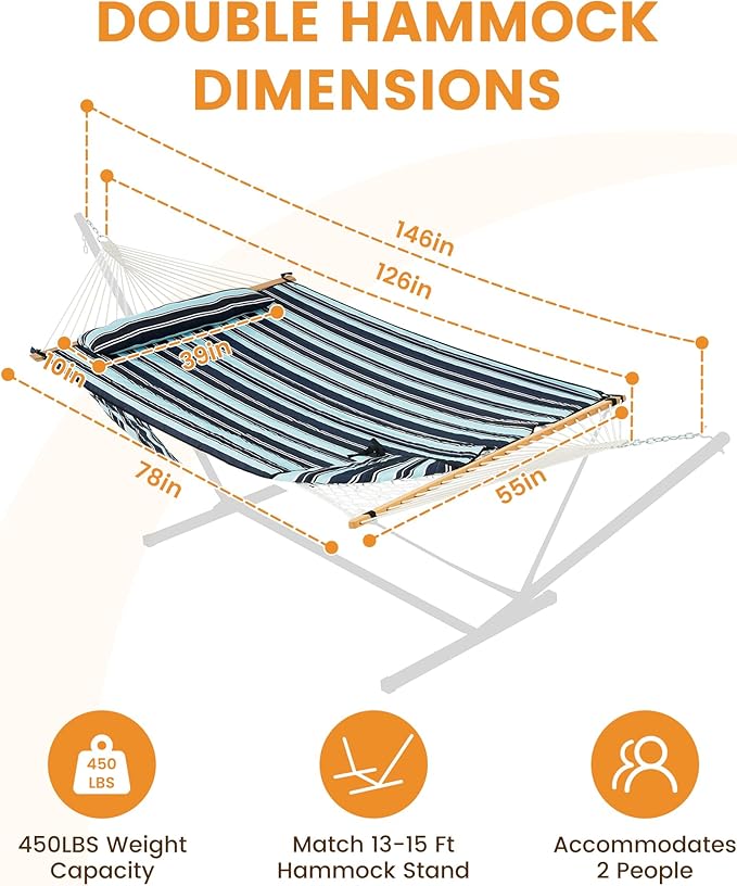 Lazy Daze Hammocks Rope Hammock with Pad, Spreader Bar, Carabiners, Tree Straps, Chains for Outside Patio- Max 450 Lbs, Aqua Navy