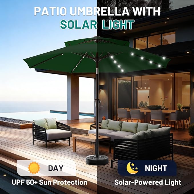 AreShark 9ft 2 Tiers Patio Umbrella with Solar Lights, Outdoor Umbrella w/ 32 LED Lights&8 Sturdy Ribs, Table Umbrella for Deck, Backyard, Pool(Dark Green)
