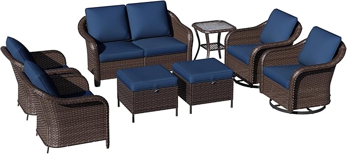 8 Piece Patio Wicker Conversation Set, All-Weather Use Outdoor Wicker Loveseat with 2 PE Rattan Ottomans,2 Chair, 2 Swivel Chair, 1 Side Table, Ideal for Porch, Backyard, Balcony, Poolside, Blue