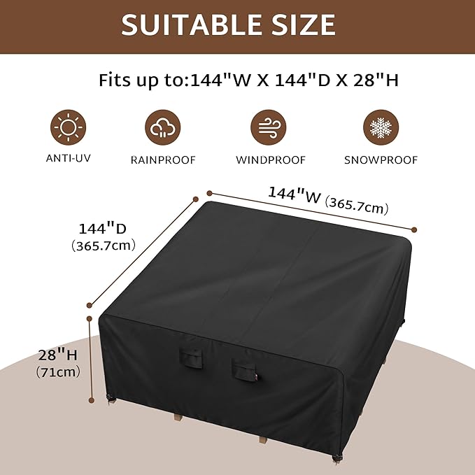 iBirdie Outdoor Patio Furniture Set Covers 144 x 144 inch Waterproof Weatherproof Square Cover, Heavy Duty 600D for Outside Dining Table and Chairs fit 136 x 136, 138 x 138, 130 x 130 inch