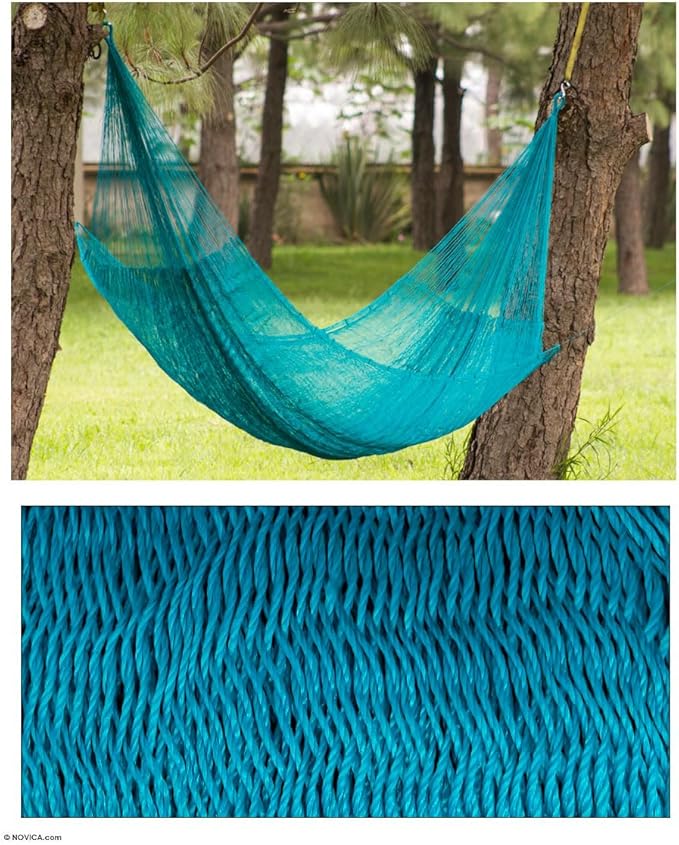 NOVICA Turquoise Blue Nylon Hand Woven Mayan Rope 2 Person XL Hammock with Hanging Accessories, 'Maya Bondi' (Double)