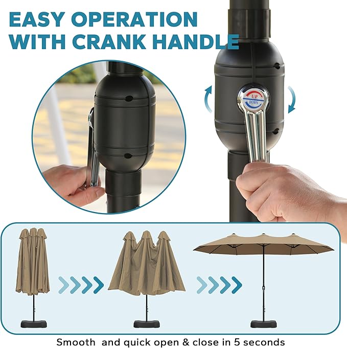 15ft Outdoor Patio Umbrella with Base Included, Double-sided Pool Umbrella with Crank Handle, Large Umbrella for Garden, Backyard (Tan)