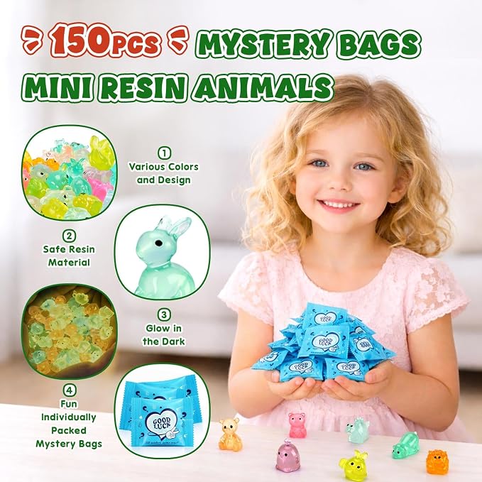 150 Pcs Mystery Bag Mini Resin Animals, Glow in The Dark Blind Bags with Storage Box, Forest Variety Pack, Miniature for DIY Crafts, Micro Landscape Fairy Garden Decor, Party Favors, Gifts (Animals)