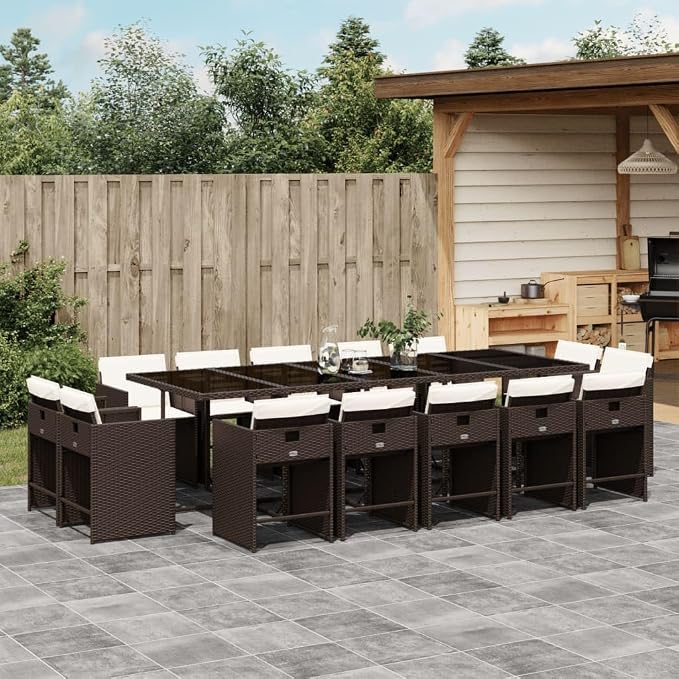 15 Piece Patio Dining Set with Cushions Brown Poly Rattan Outdoor Garden Furniture Table and 14 Folding Chairs Tempered Glass Tabletop Removable Washable Covers UV Proof for Backyard Lawn Deck