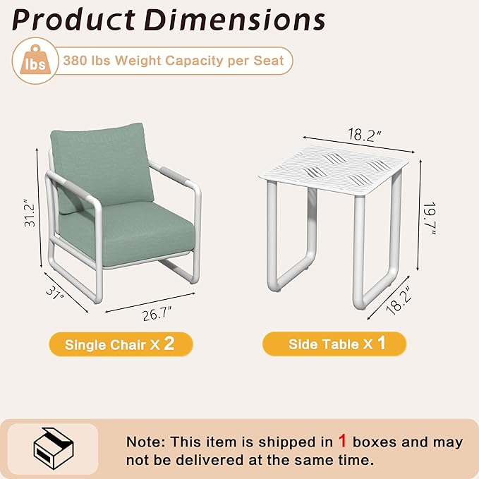 MBY Outdoor Aluminum Patio Furniture Set, 2-Seats Patio Conversation Sofa Set with Coffee Table and 6.7" Thickened Cushions, All Weather for Pool, Garden-White