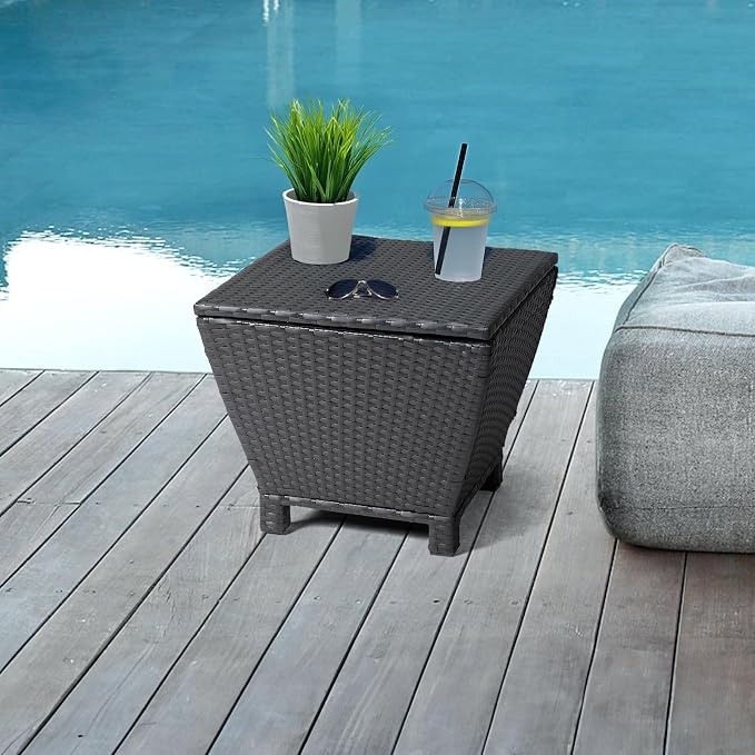 Outdoor PE Wicker Side Table with Storage, Small Patio Storage Bin Container for Hose Cushion Towel (Black)