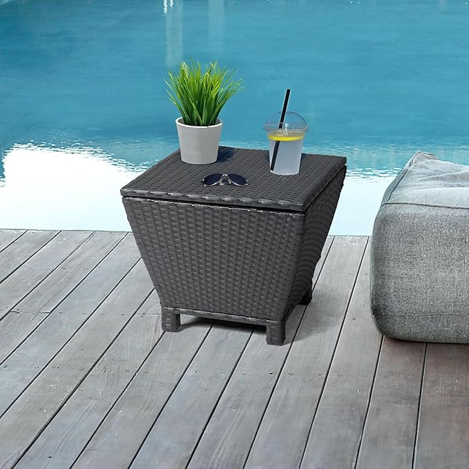 Outdoor PE Wicker Side Table with Storage, 13 Gallon Patio Storage Bin Container for Hose Cushion Towel, Rattan End Table for Backyard Garden Deck, 112 lbs Capacity, Black