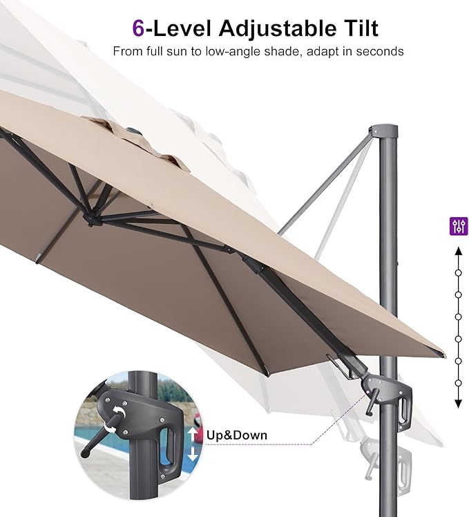 PURPLE LEAF 9' X 12' Swivel Outdoor Patio Aluminum Umbrella with Base Left-right Tilting Cantilever Offset Umbrella with UV Resistant Heavy Duty Fabric for Deck Pool Patio Backyard, Sand Dune