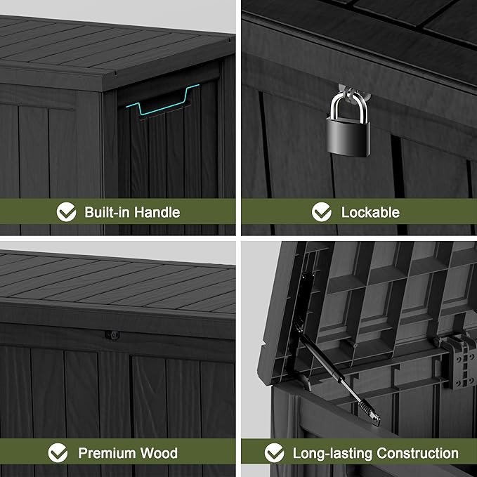 Outdoor Storage Box, 110 Gallon Resin Deck Box Waterproof for Patio Furniture, Garden Tools and Pool Accessories, Lockable UV-Resistant Storage Bin Bench Cabinet for Outside, Black