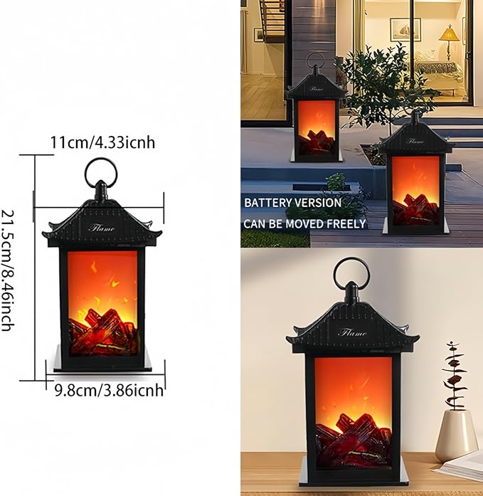 Simulated LED Fireplace Lantern Battery Powered Flameless Light with Simulation Flame Table Decorative Lamp Mini Fireplace Ornament for Cozy Home Decor Free Standing Electric Log Burner