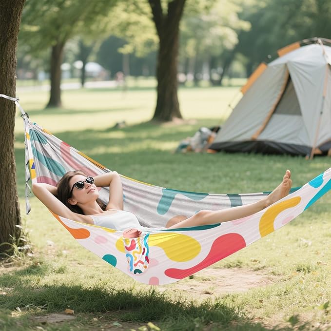 Qilmy Colorful Line Camping Hammock Single – 330 lbs Capacity, Lightweight with Tree Straps & Carabiners, Portable for Hiking, Travel, Backpacking