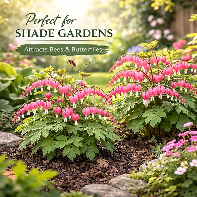 2 Pink Bleeding Heart Bare Root Perennial Plants – Heart Shaped Pink Blooms, Easy to Grow Shade Flower Roots, Attracts Butterflies, Bees & Hummingbirds, Spring Garden Flower Bulb Collection