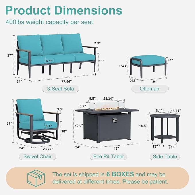 9-Seat Outdoor Patio Furniture Set with Rocking Swivel Chairs, Aluminum Sectional Sofa with Ottomans Patio Conversation Set with 55,000 BTU Fire Pit Table & High Backrest, Turquoise