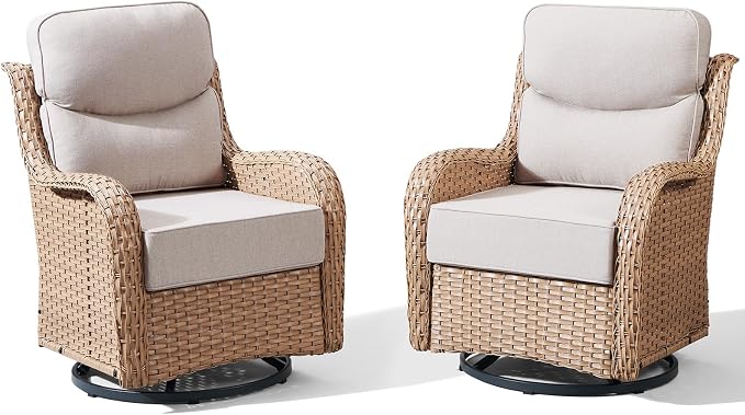 Luxury Outdoor Swivel Rocker Patio Chairs Set of 2 with 6-Inch Thick Cushions, High Back Swivel Patio Chairs Wicker Outdoor Gliders for Porch, Yard, Deck, Poolside, Yellow/Beige