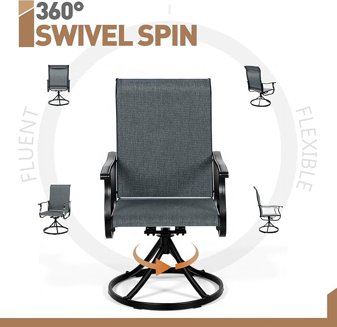 SUNCROWN Patio Swivel Rocker Dining Chairs Set of 2, All Weather High Back Textilene Outdoor Chairs with Sturdy Metal Frame, Swivel Rocking Patio Chairs for Backyard Lawn Garden Porch Deck, Dark Grey