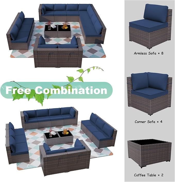 ALAULM 14 Pieces Patio Furniture Set Wicker Patio Conversation Set, Outdoor Sectional Furniture w/Coffee Table & Washable Seat Cushions-Dark Blue