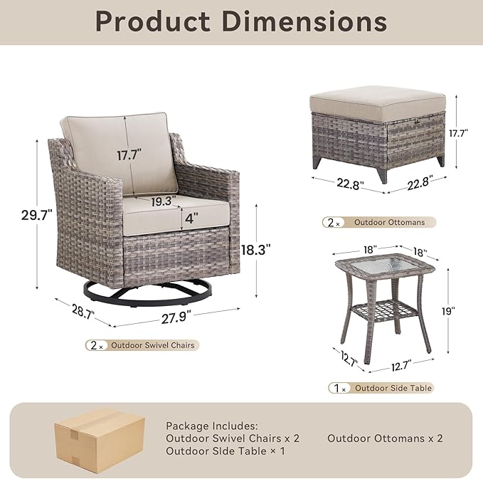 5 Pieces Outdoor Patio Furniture Set-All-Weather Wicker Patio Swivel Glider Chairs with 2 Ottoman and Glass Side Table, Patio Conversation Sets for Porch Balcony Deck - Beige/Grey
