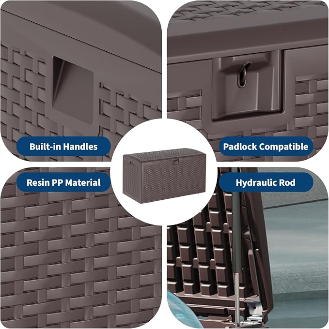 IDEALHOUSE 120 Gallon Resin Deck Box with Lockable Lid & Hydraulic Hinges, Waterproof Outdoor Storage Container for Patio Furniture, Pool, and Garden Tools, Brown