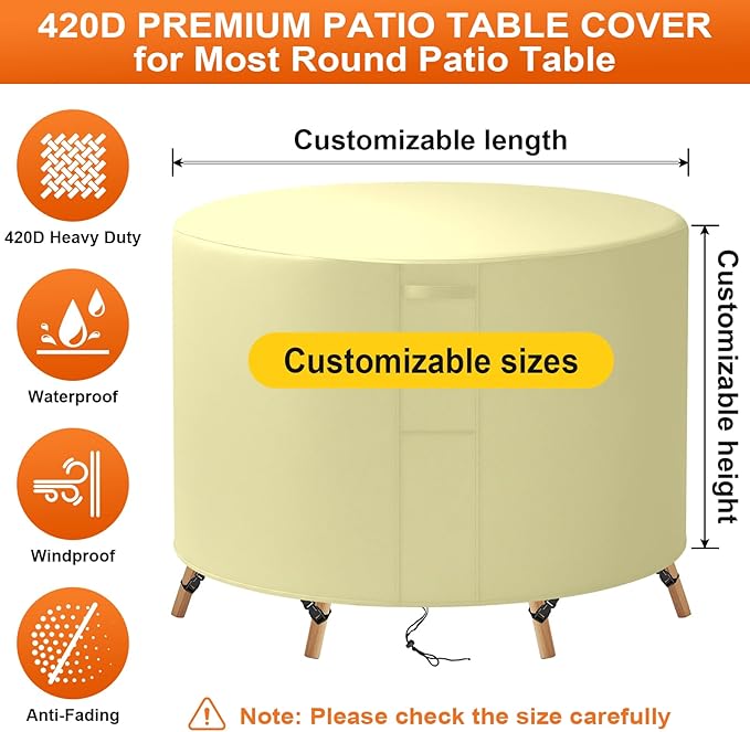 36"(D) x 40"(H) Round Outdoor Furniture Cover, Custom Heavy Duty 420D Waterproof Patio Furniture Cover with Drawstring & Buckles for Table Chair Garden, Cream