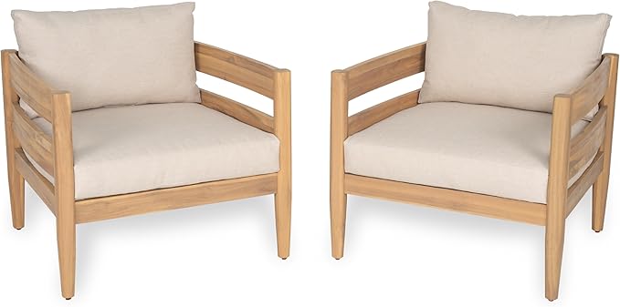 Christopher Knight Home Kory 4-Piece Acacia Wood Patio Furniture Set, Outdoor Conversation Sofa Chat Set with Club Chair and Coffee Table, Patio 4-Seater Seating Group for Backyard Balcony, Teak+Beige